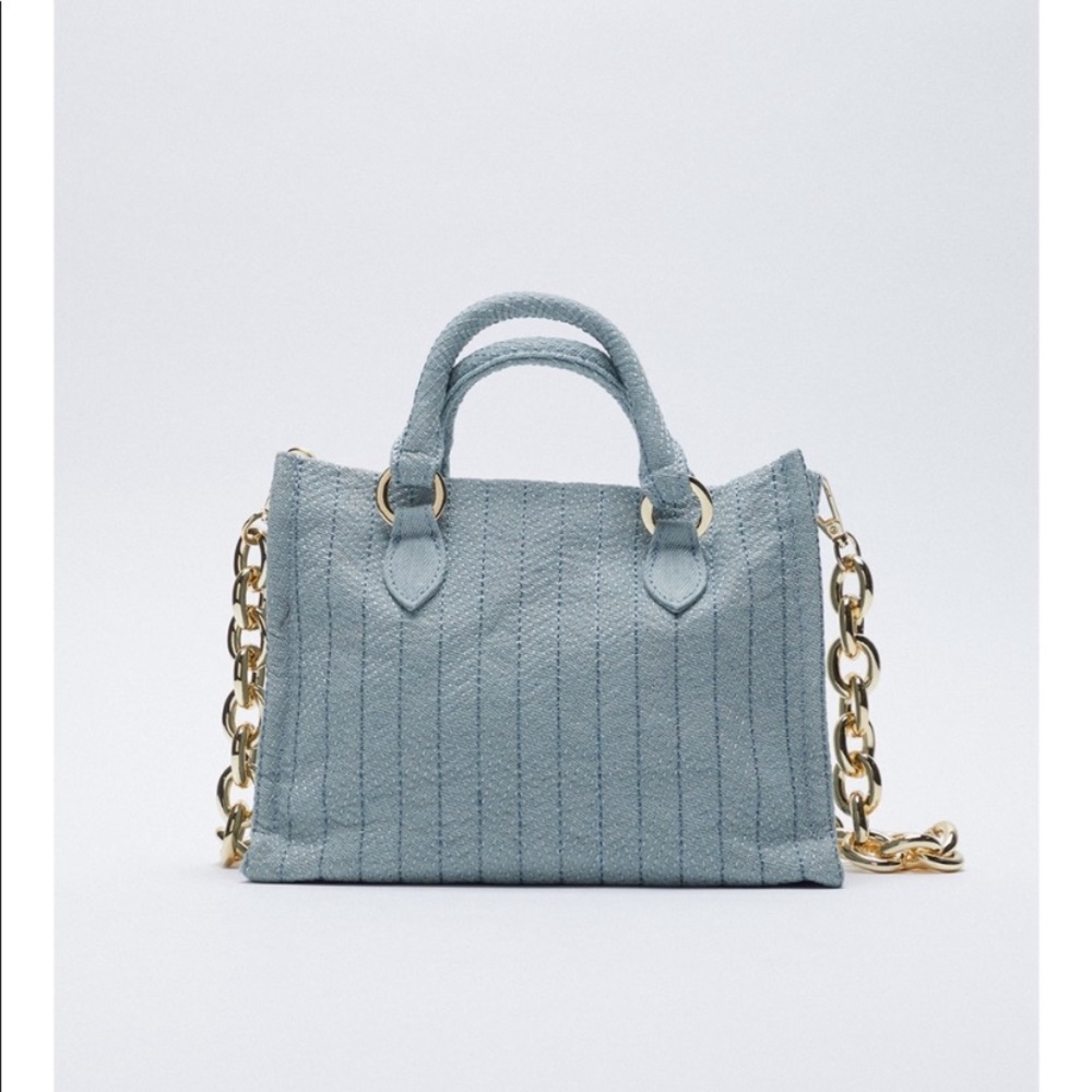 Zara denim mini tote with gold chain with tag